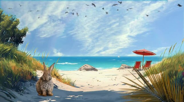 A bunny in the beach. Seamless looping time-lapse video animation background