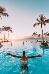 Enjoying a serene sunset at a tropical resort pool