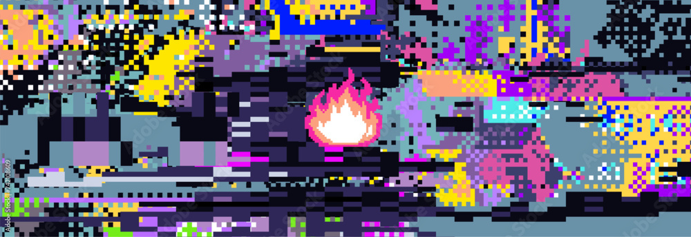 Poster abstract glitched and pixelated background.