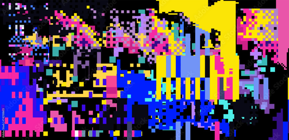Poster abstract glitched and pixelated background.