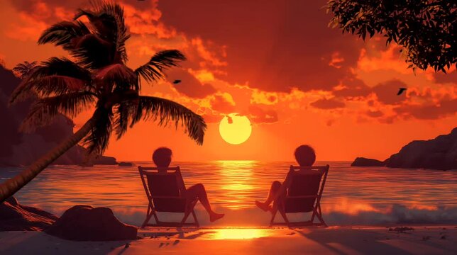 Silhouette of people on sunbed at sunset in the beach. Seamless looping time-lapse video animation background