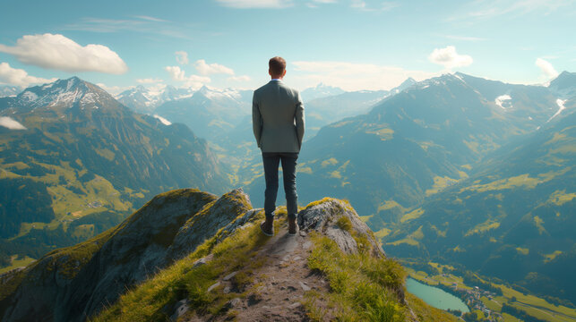 A man in a business suit stands with his back to the camera at the peak of a mountain, with a beautiful mountain landscape in the background. His hands are in his pockets.