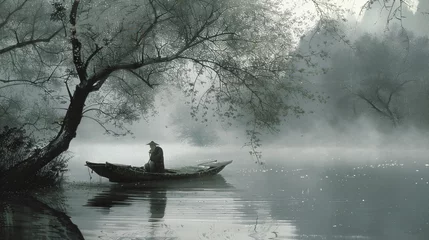 Fotobehang 湖で想いに耽る老人の山水画 © スミくん