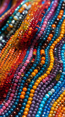 A richly varied ensemble of beaded jewelry shines with luster, each colorful glass bead adding to the collective beauty of this textured visual.