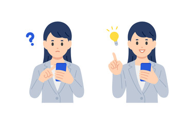 スマホを見て疑問を持つ･ひらめきのポーズをするビジネスパーソン女性のセット【人物ベクターイラスト素材】