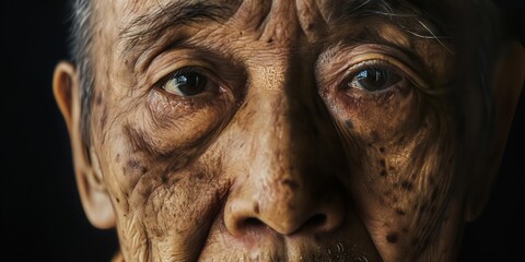 Portrait of a senior Asian man with a serene countenance, his face adorned with subtle brush strokes echoing the grace and wisdom of his years