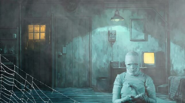 Scary interior room with mummy. Seamless looping time-lapse video animation background