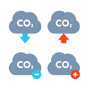 Set of clouds with the CO2 symbol, arrows, and signs in flat vector illustration style. They symbolize the concepts of carbon dioxide levels, carbon footprint, and climate change