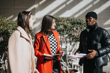 A diverse trio of colleagues in stylish winter wear are engaged in a serious discussion, holding documents on a sunny day outdoors.