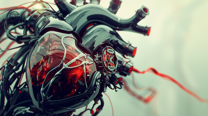 An abstract fusion of a human heart and futuristic medical machinery, emphasizing the symbiosis of biology and technology