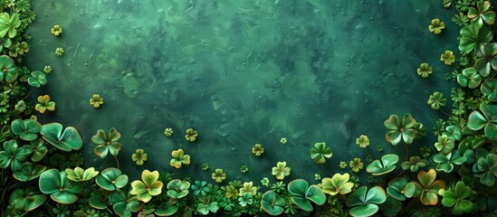 Green empty background with shamrock leaves frame. st. patrick's day, abstract green background for design, banner, invitation. digital art, copy space text, 