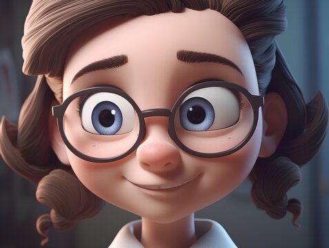 3D rendering of a cute cartoon girl with glasses and hairstyle