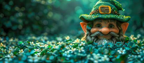 St. Patrick's Day, Cute Gnome character with a green leprechaun on a green and orange four leaf clover background. horizontal banner card or wallpaper, copy space for text