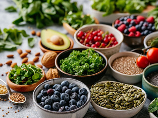 Fototapeta premium A peacefully serene, clean and well-organized kitchen where beautifully detailed, carefully selected healthy foods like greens, berries, nuts, and seeds are arranged magnetically