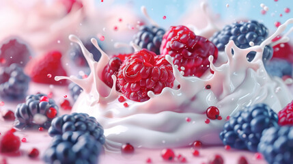 A unique representation of a splash of yogurt colliding with a burst of mixed berries, showcasing majestic 3D animation effects