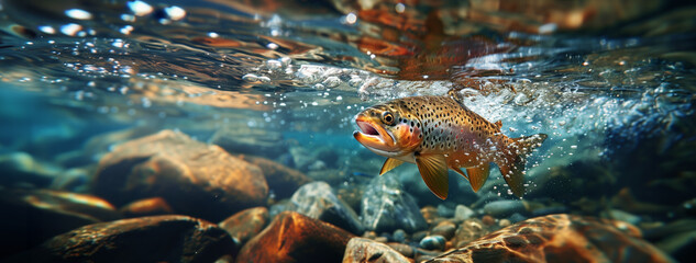 Trout in the clear water river streams of the north. - Powered by Adobe