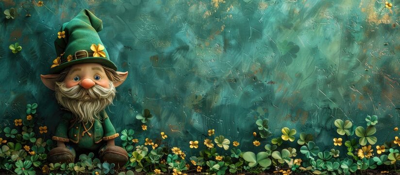a cartoon gnome sitting on an Irish Clover screen background , St Patrick day background , cartoon gnome, 