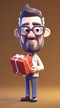 Cartoon character of a doctor holding a gift. 3d illustration
