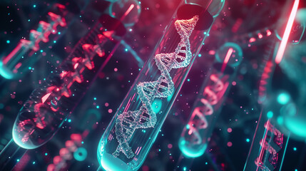 A 3D animation backdrop highlighting a magnified view of DNA strands within a medical test tube rendered in a unique style conveying the intricacies and marvel of biotechnology - obrazy, fototapety, plakaty