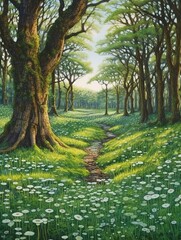 Enchanted Fairy Ring Meadows Woodland Art Print - Forest Meadow Magic with Fairy Circles among Trees