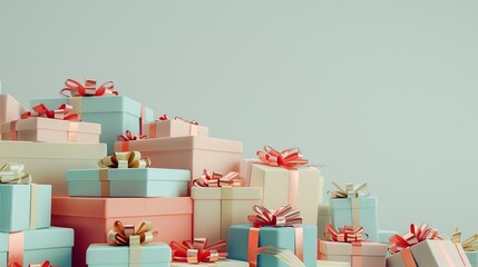 A colorful pile of gift boxes set against a clean white background, evoking the excitement and joy of gift-giving.  Generative AI technology