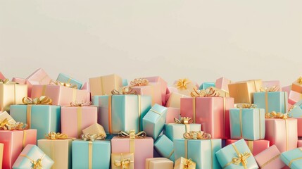 A colorful pile of gift boxes set against a clean white background, evoking the excitement and joy of gift-giving.  Generative AI technology