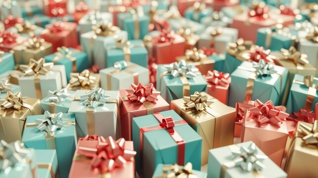 A colorful pile of gift boxes set against a clean white background, evoking the excitement and joy of gift-giving.  Generative AI technology