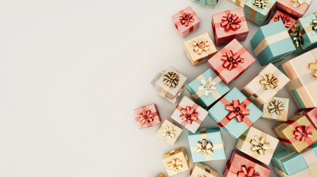 A colorful pile of gift boxes set against a clean white background, evoking the excitement and joy of gift-giving.  Generative AI technology