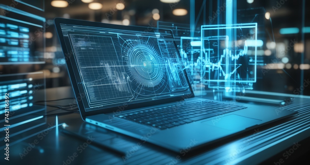 Aufkleber advanced technology in action - a futuristic workspace with holographic interfaces