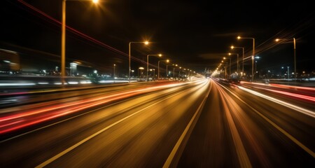 Fototapeta na wymiar Vibrant city lights at night, blurred motion of traffic