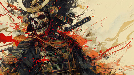 Imagine a Samurai Zombie, a legendary warrior claimed by the undead but still adheres to the bushido code, illustrated with a unique blend of traditional Japanese art and modern horror aesthetics