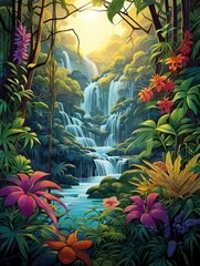 Fototapeta na wymiar Jungle Waterfalls Abstract: Stylized Falls in Artistic Landscape.