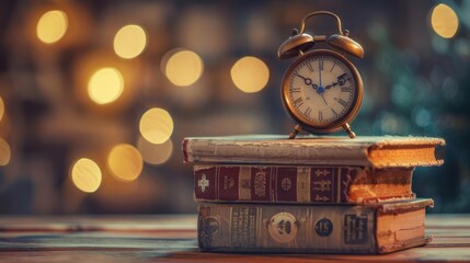 The importance of time management and education with an image featuring an alarm clock placed on a stack of books against a bokeh-blurred background. Generative AI technology