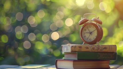 The importance of time management and education with an image featuring an alarm clock placed on a stack of books against a bokeh-blurred background. Generative AI technology