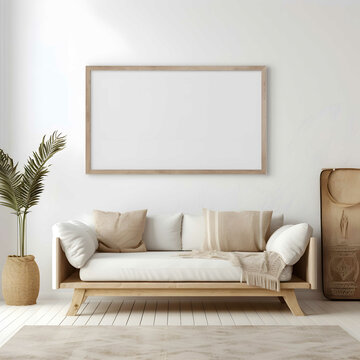 Frame mockup in Scandinavian living room interior, 3d render © azure