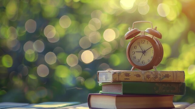 The importance of time management and education with an image featuring an alarm clock placed on a stack of books against a bokeh-blurred background. Generative AI technology