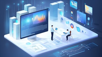 Illustration of Business environment in isometric view. Online trading digital technology. Financial application. Laptop with graphics. - obrazy, fototapety, plakaty