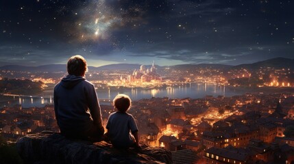 Two silhouetted figures sit overlooking the city under a starry night sky. - obrazy, fototapety, plakaty