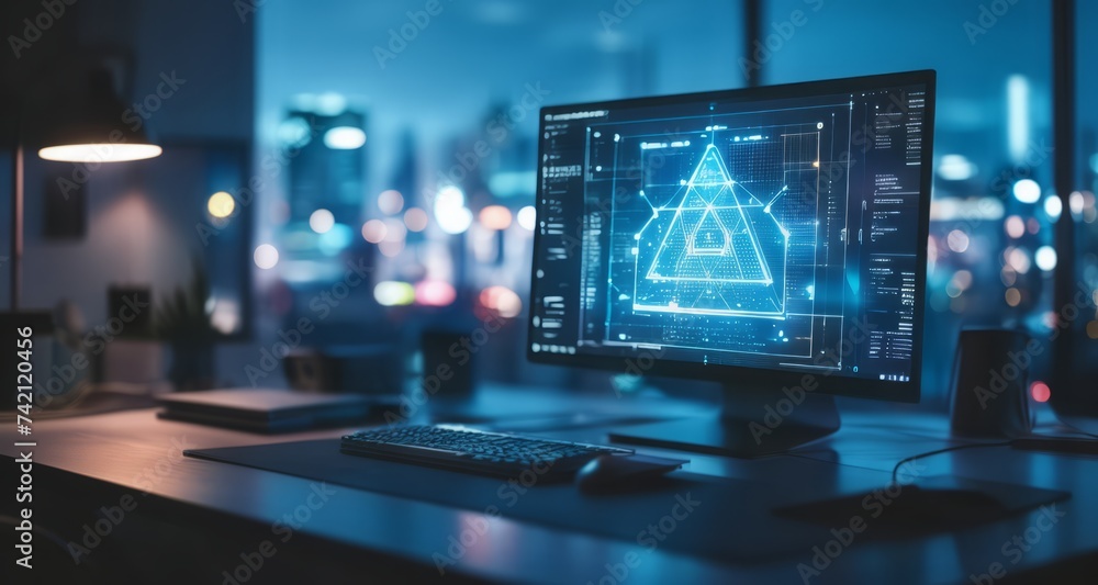 Poster modern workspace with illuminated computer screen at night