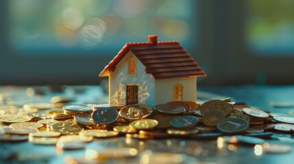 The dream of homeownership and financial stability with an image of a small house resting atop a pile of coins. Generative AI technology