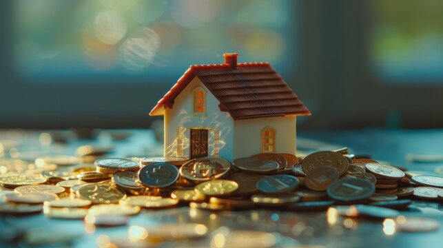 The dream of homeownership and financial stability with an image of a small house resting atop a pile of coins. Generative AI technology