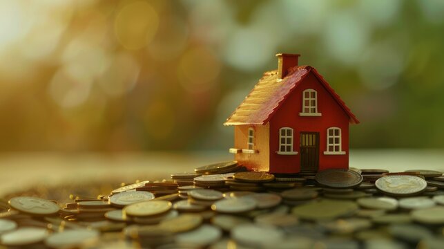 The dream of homeownership and financial stability with an image of a small house resting atop a pile of coins. Generative AI technology