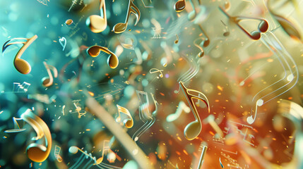 A unique illustrations of digital music notes, lavishly spread across a backdrop background,...