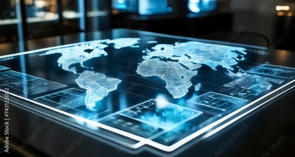 Poster illuminated world map on a sleek table, symbolizing global connectivity and technology