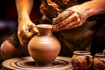 Fotobehang Potter crafting clay pitcher in well-lit studio, small business, crafts © Лариса Крохмаль
