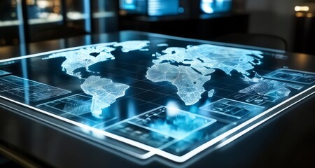  Illuminated world map on a sleek table, symbolizing global connectivity and technology - obrazy, fototapety, plakaty