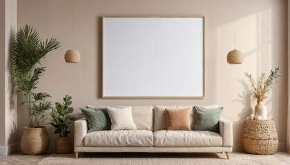 Living room interior wall mockup in warm tones with beige linen sofa, Empty white canvas with frame