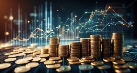  Prosperity and growth - A stack of gold coins with a dynamic financial chart in the background
