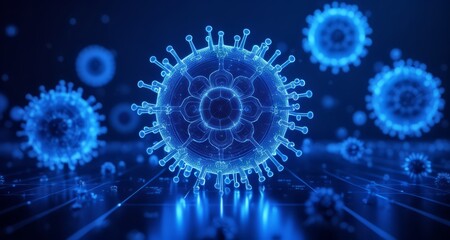  Illustration of a virus particle with a glowing blue halo