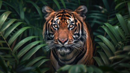 Majestic Tiger Staring Through Foliage
